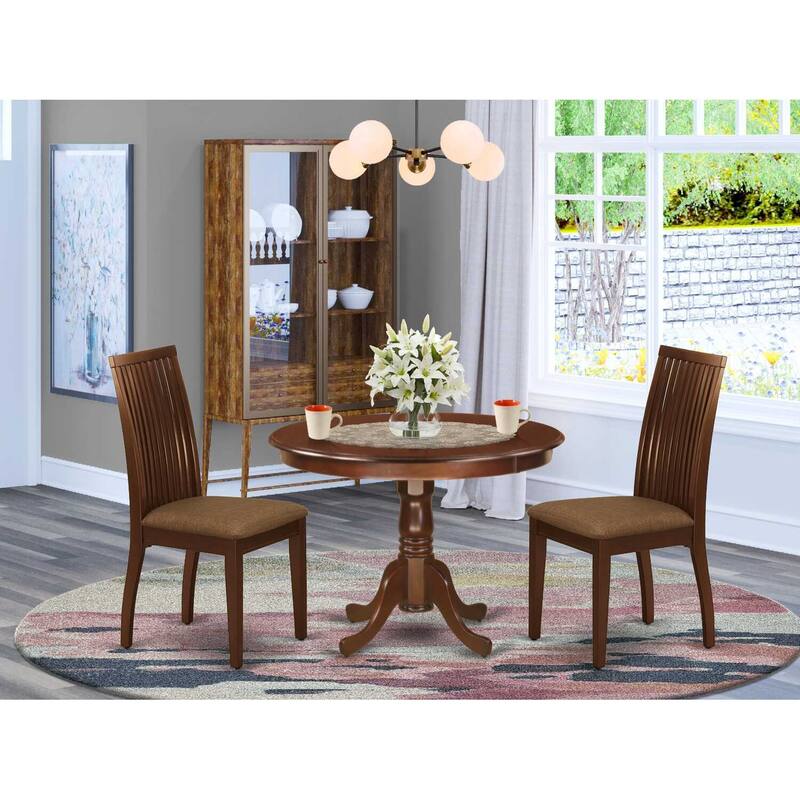 3-Piece Mahogany Finish Solid Wood Top - Round Dining Room Set - Seats 4
