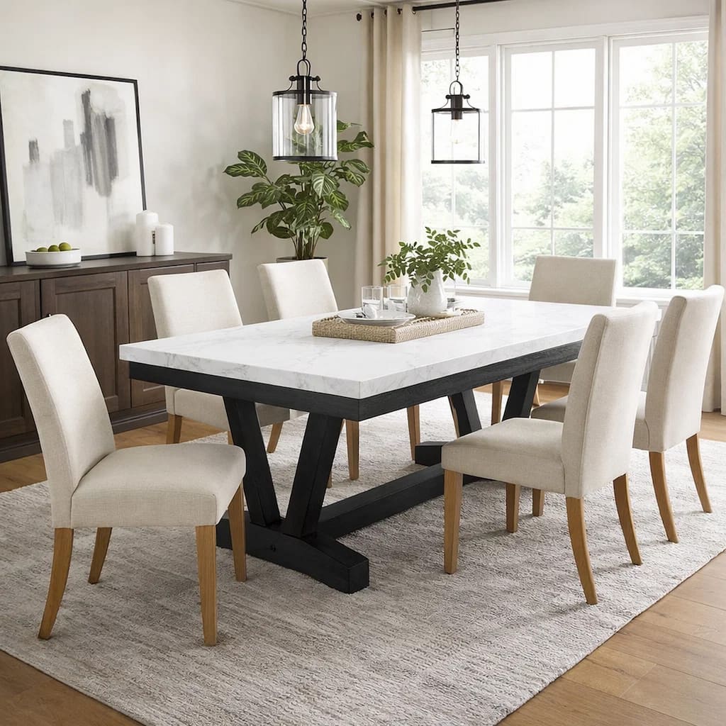 Viem Dining Table, 72 Inch Rectangular White Marble Top, Black Open Base