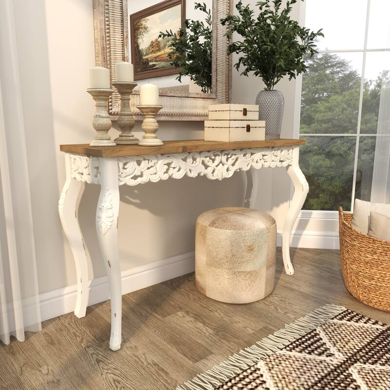 White Wood Intricately Carved Scroll Console Table with Brown Wood Top