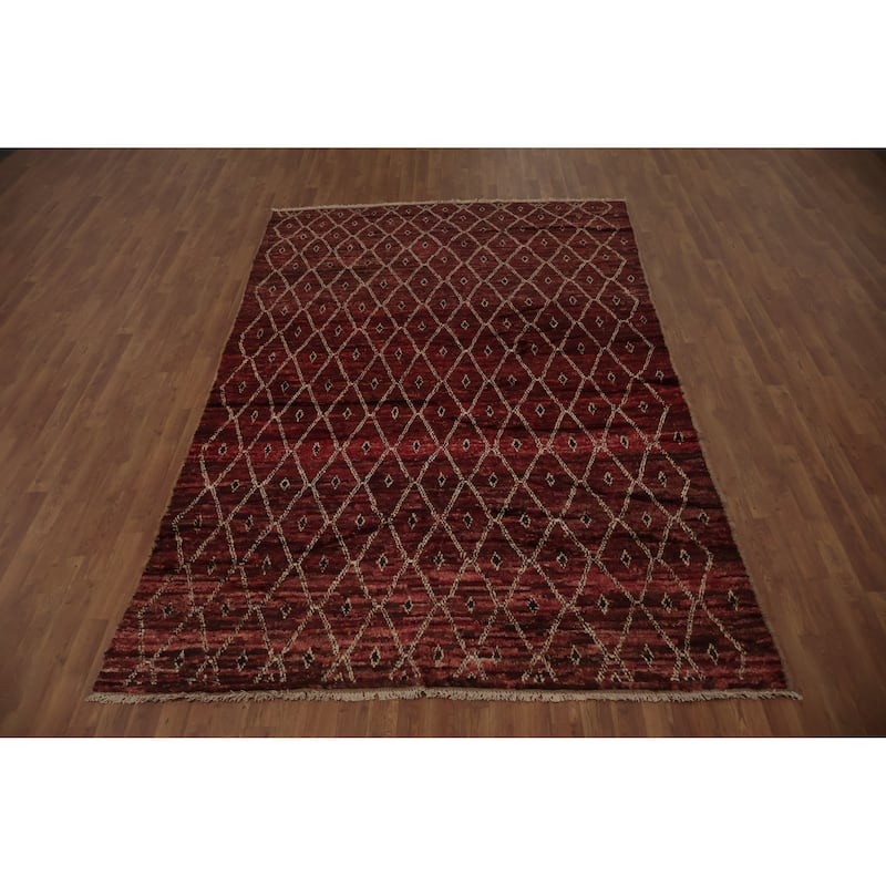 Hand Knotted Oriental 100% Wool Carpet Modern All-Over Red Moroccan Area Rug - 10' 0'' X 6' 6''