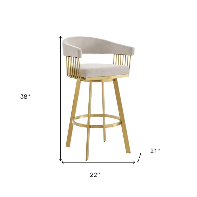 HomeRoots 30" Taupe and Gold Fabric and Stainless Steel Low Back Bar Height Swivel Bar Chair