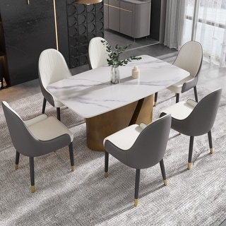 63" Marble Sintered Stone Dining Room Table with Metal Gold Finish Legs ...