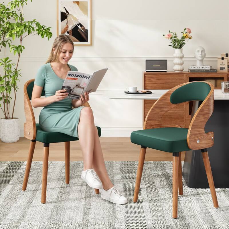 Wood Dining Chairs, Set of 2 Modern Upholstered Dining Chairs with Curved Backrest for Kitchen, Dining Room, Living Room