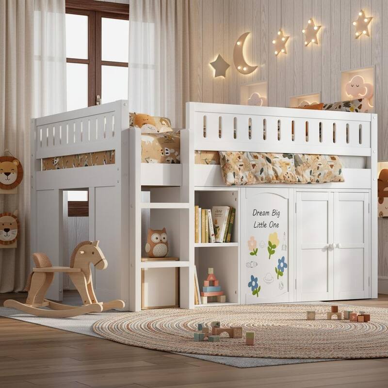 Multi-Functional Full Loft Bed with Chalkboard & Built-In Cabinet by Harper&Bright Designs - White