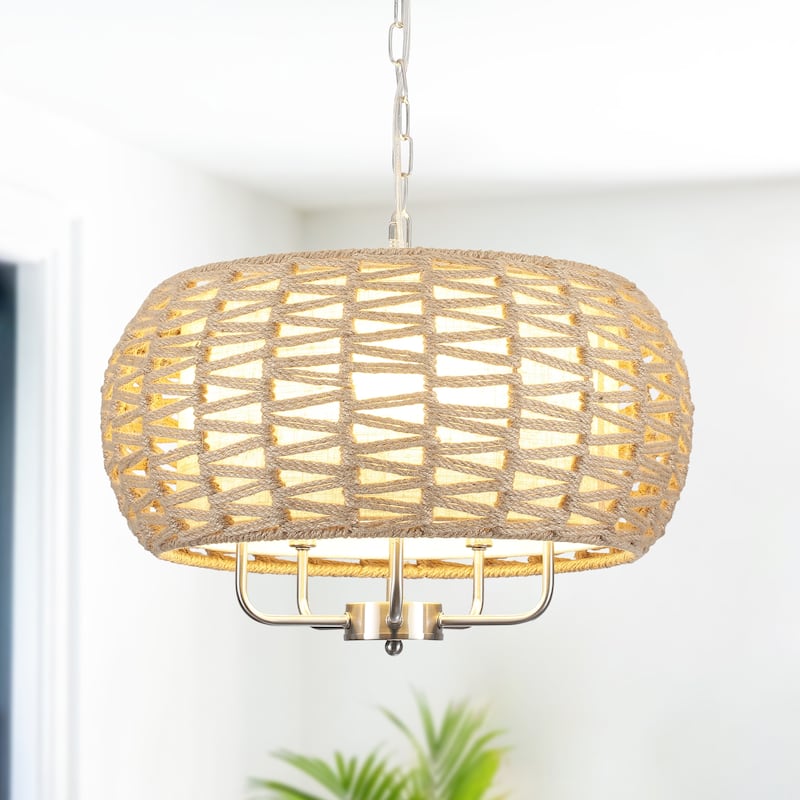 5-Light Hemp Rope Candlestick Hanging Linear Chandelier Lighting with Cloth Cover for Kitchen Island - Nickel