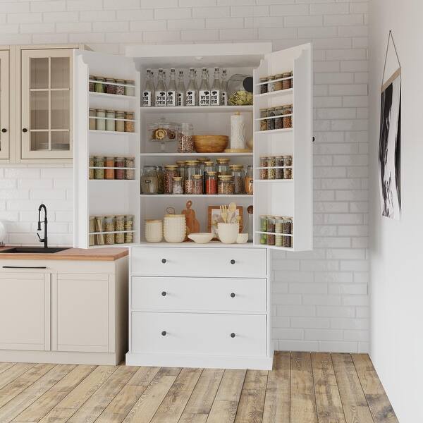 Kitchen Pantry White Sideboard Freestanding Tall Cupboard with 3 Large Drawers, Wine Bar Storage Cabinet w/ Adjustable Shelves