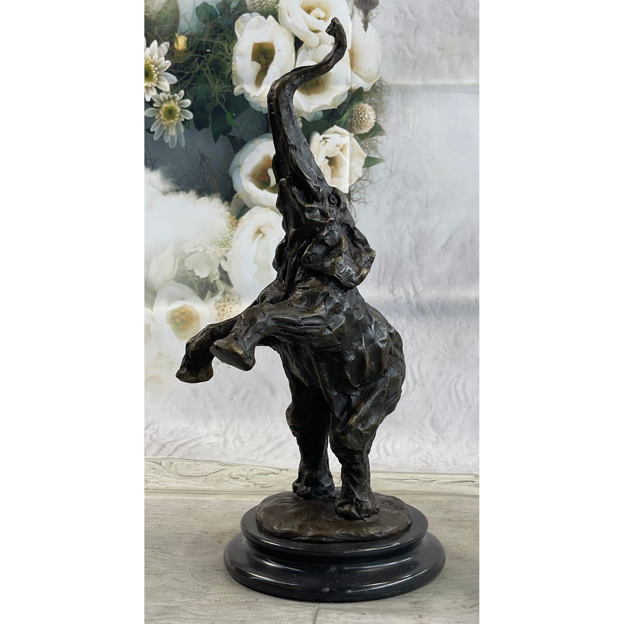 Happy Elephant Bronze Sculpture Statue Art Decor Marble Base Figurine Home Deco