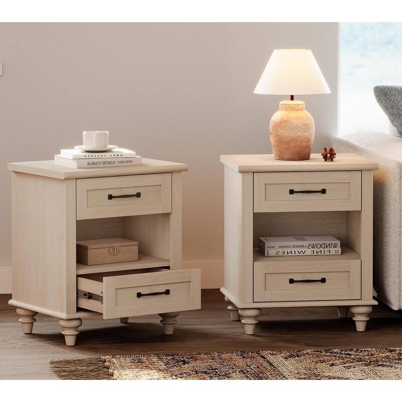 Farmhouse Nightstand Bedside Table, Wood 2-Drawer Side Table - Beige - 4-drawer