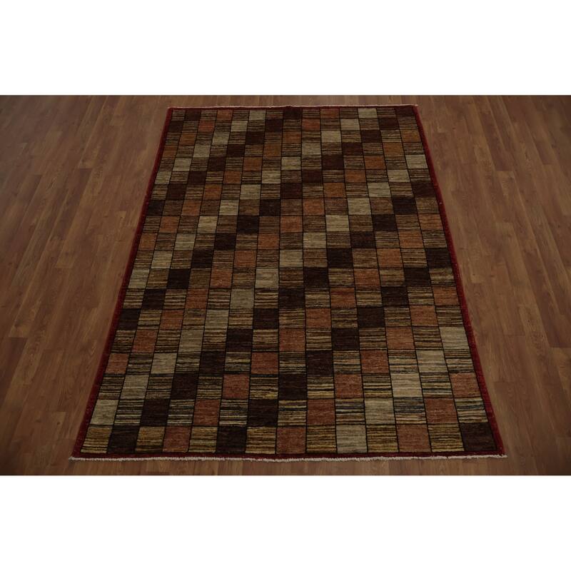 Hand Knotted Oriental 100% Wool Carpet Modern Geometric Brown Gabbeh Area Rug - 6' 6'' X 4' 10''