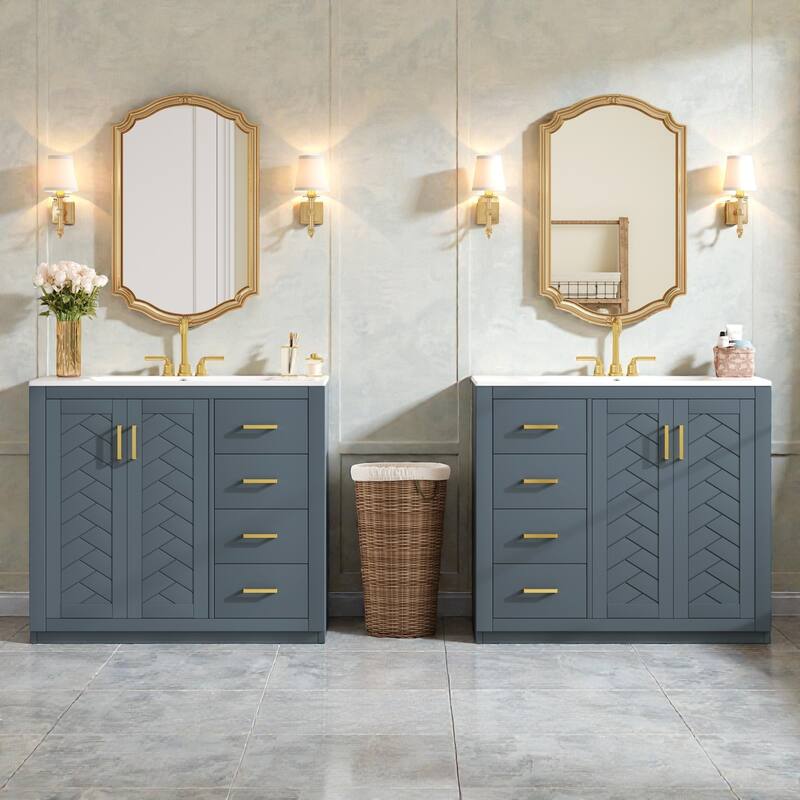 72" Solid Wood Freestanding Bathroom Vanity with Dual Ceramic Sinks, Double Storage Cabinet with Drawers and Soft-Close Doors