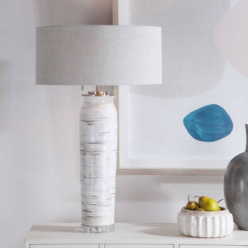 Ceramic Base Table Lamp with Gray Round Hardback Shade - 30.25" - Cream