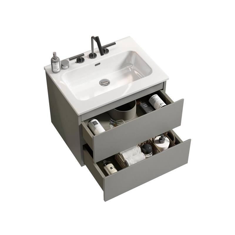 36-Inch Wall Mount Bathroom Vanity in Space Grey with Ceramic Sink, Large Storage