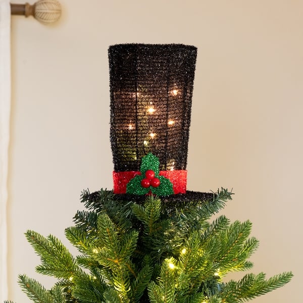 slide 2 of 7, 9.25" Lighted Black Tinsel Top Hat Christmas Tree Topper, Clear Lights