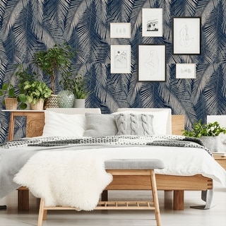 18' L x 24" W Peel & Stick Wallpaper Roll -Navy Palm Leaf by DecoWorks - 18' x 24"