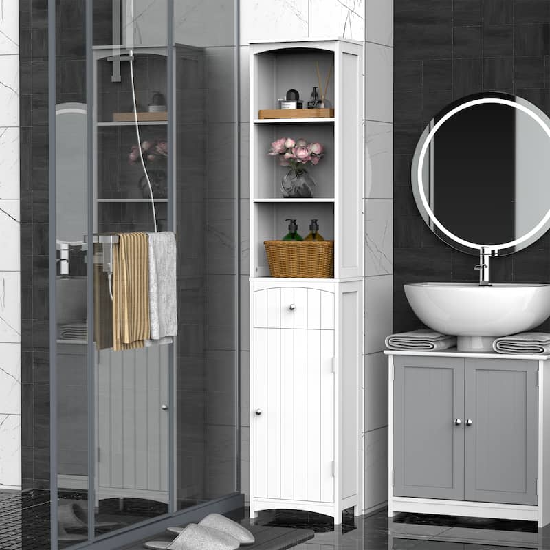 HOMCOM 67" Tall Bathroom Storage Cabinet, Freestanding Linen Tower with 3-Tier Shelf, Narrow Side Floor Organizer, White - Matte - White