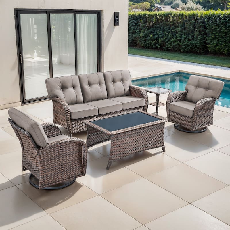 TWrap 5-Piece Patio Brown Wicker Sofa Conversation Set with 5-Inch Thick Cushions