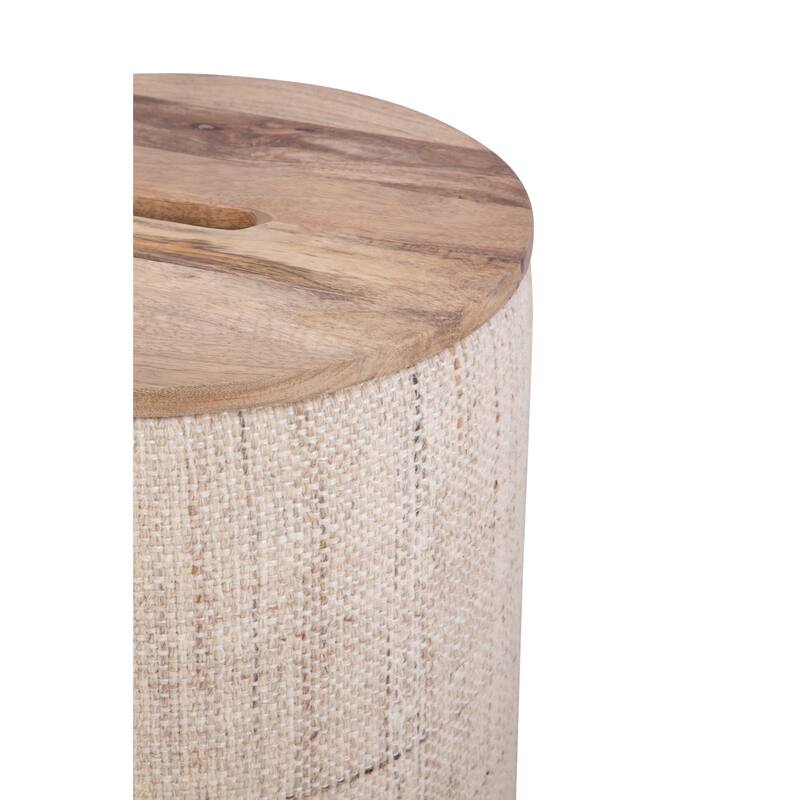 Handwoven Storage Ottoman with Rounded Wooden Top Lid - Solid Wood Frame, Hidden Storage Compartment