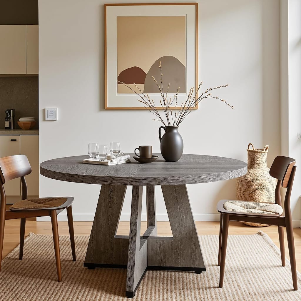 47" Round Dining Table for 4-6 People Rustic Wood Table with Pedestal Base for Kitchen Dining Room Living Room