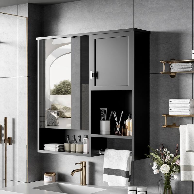 29" x 28" Over The Toilet Bathroom Storage Cabinet with Towel Bar Wall Mirror Cabinet with Closed Cupboard and Open Shelf