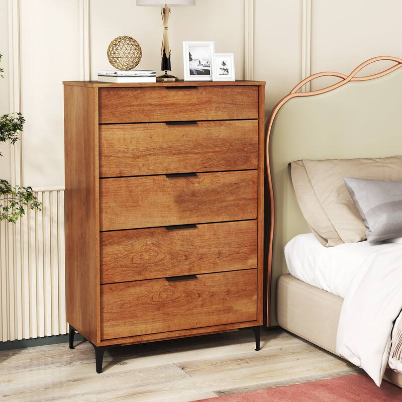 Cherry MDF Engineered Wood Storage Chest with Metal Legs and Drawers