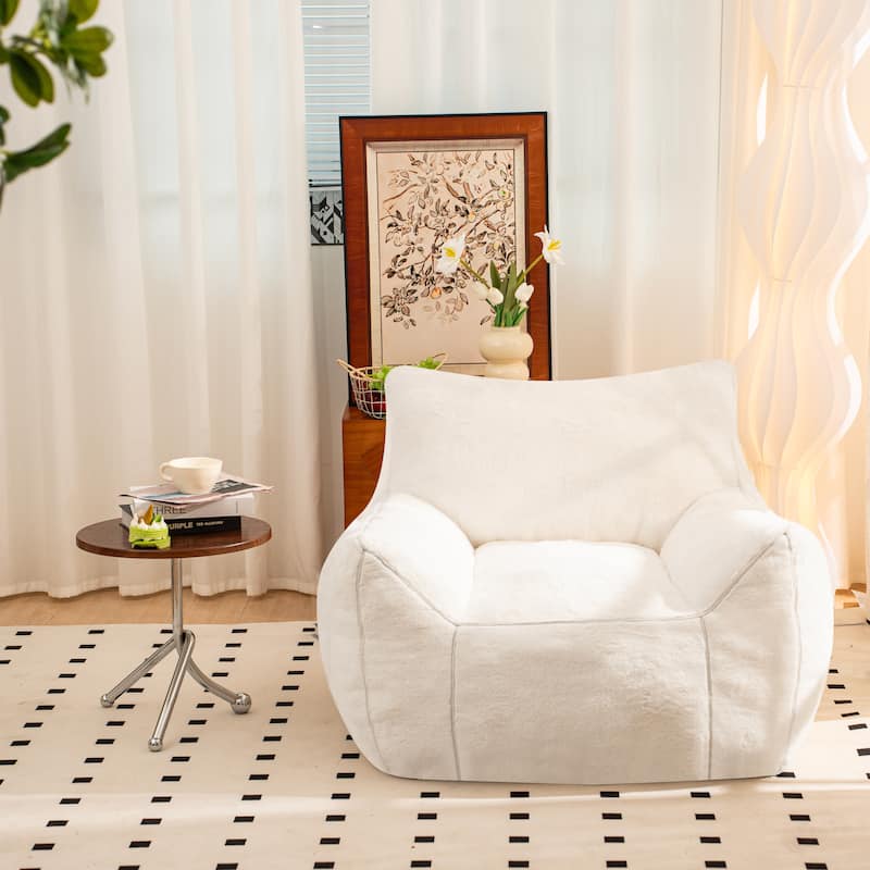 Faux Fur Upholstered Bean Bag Chair, High Density Memory Foam Fluffy Lazy Sofa, Soft Bean Bag Sofa with Armrests - White