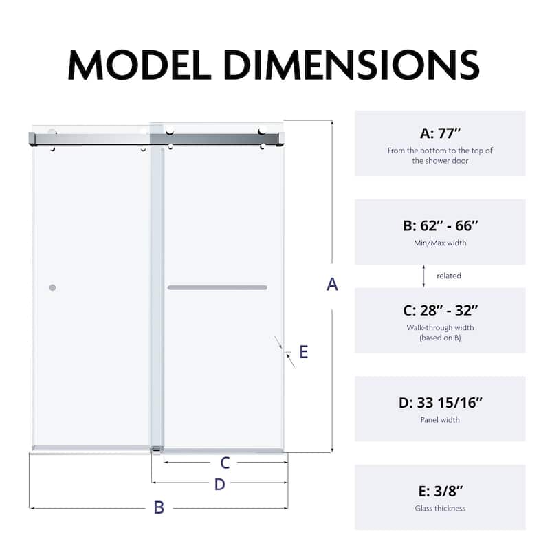 SP Series 62" - 66" W x 77" H Contemporary Frameless Double Sliding Shower Door with 3/8" Clear Tempered Glass