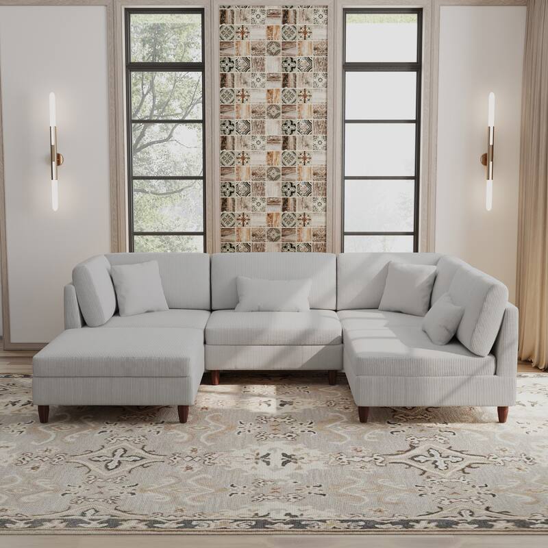 Corduroy Modular Sectional 5 Piece Sofa with Ottoman - Sea Salt Grey