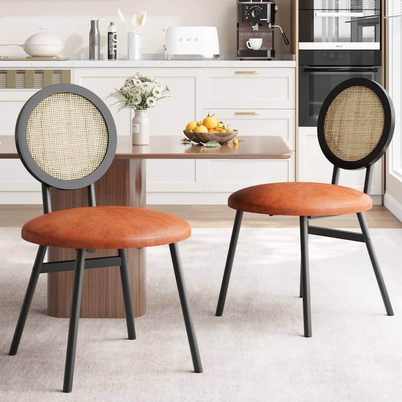 Boho Dining Chairs Set with Thicken Upholstered Natural Rattan Back