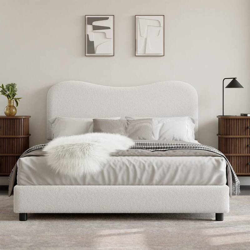 Upholstered Boucle Bed Frame with Headboard, No Box Spring Needed, White - Queen