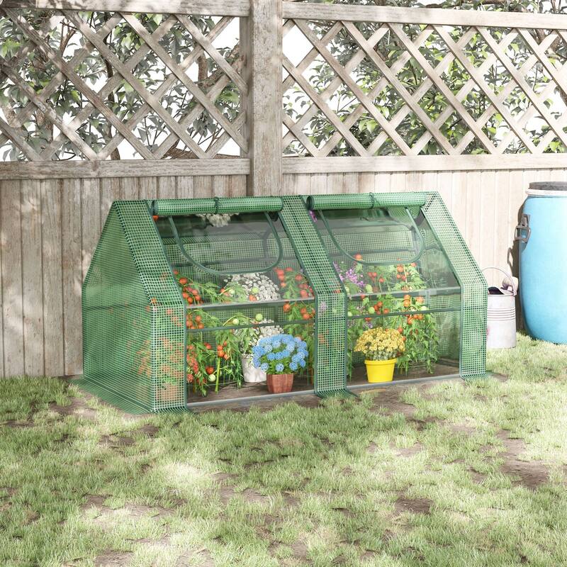 6' x 3' x 3' Portable Greenhouse, Garden Green House with 2 PE/Plastic Covers, Steel Frame and 2 Roll Up Windows, Green
