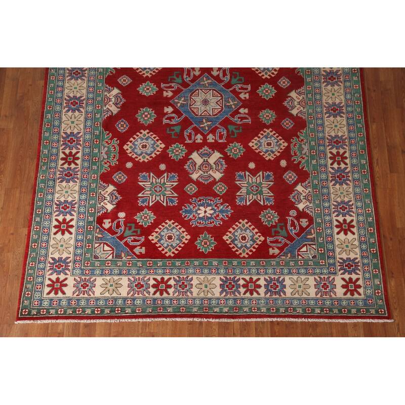 Red Geometric Kazak Oriental Area Rug Hand-Knotted Wool Carpet - 6'8" x 9'7"