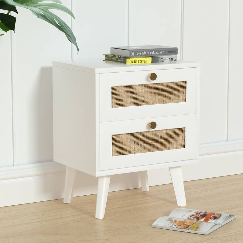 Anmytek Mid-Century Modern 2-Drawer Wood White Nightstand Sofa End Table with Storage for Bedroom