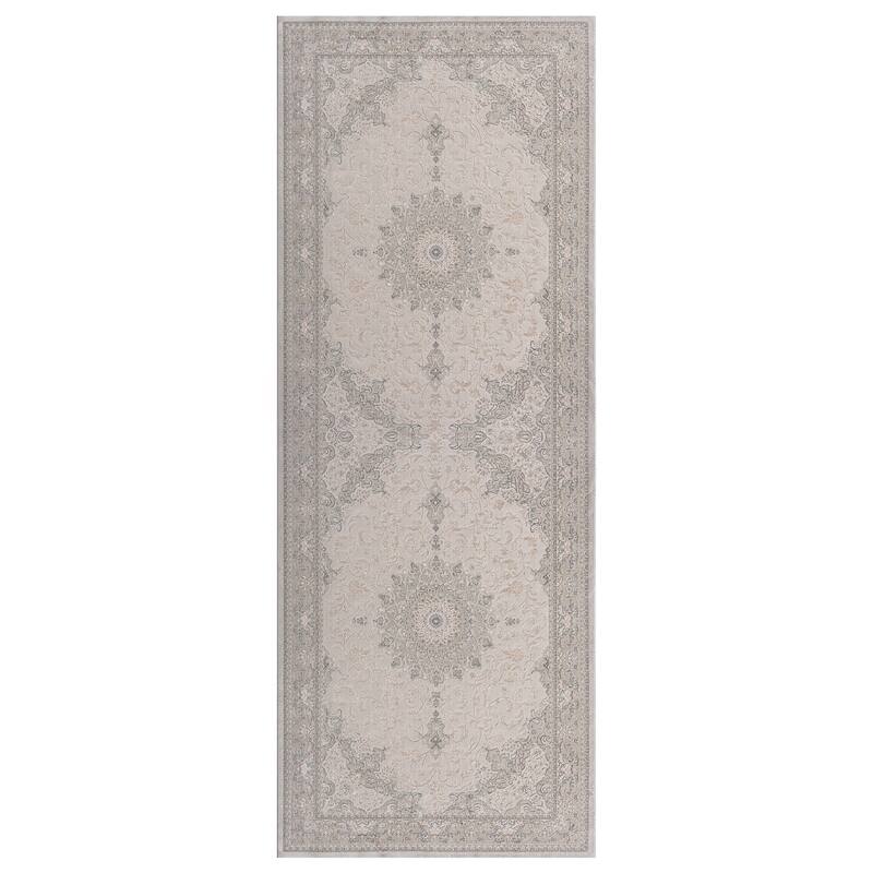 Sevita Gray and Cream Traditional Medallion Polyester Area Rug - 2'2" x 7'7"
