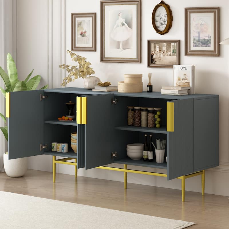 Buffet Cabinet Wave Stripe Design Sideboard with Gold Handles and Legs, TV Console Table Accent Cabinet with Adjustable Shelves