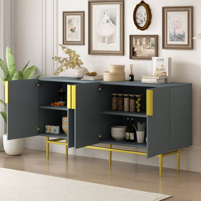 Stylish Sideboard Buffet Cabinet with Wavy Stripe Design, Gold Metal Legs, Ample Storage Space for Hallway, Living Room