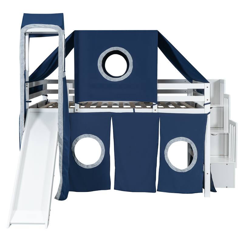 Full Loft Bed with Castle Tent & Tower and Solid Wood Frame, 400lb Capacity, Playhouse Design