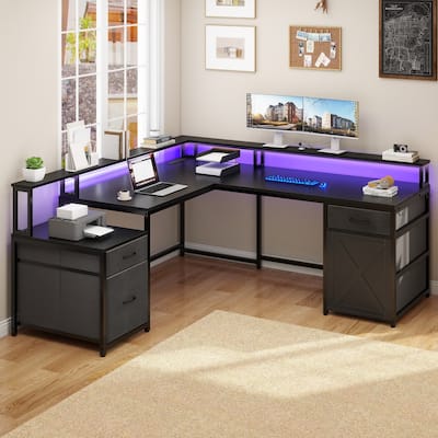 Moasis 63" Corner L Shaped LED Computer Desk with Drawers & Power Outlets