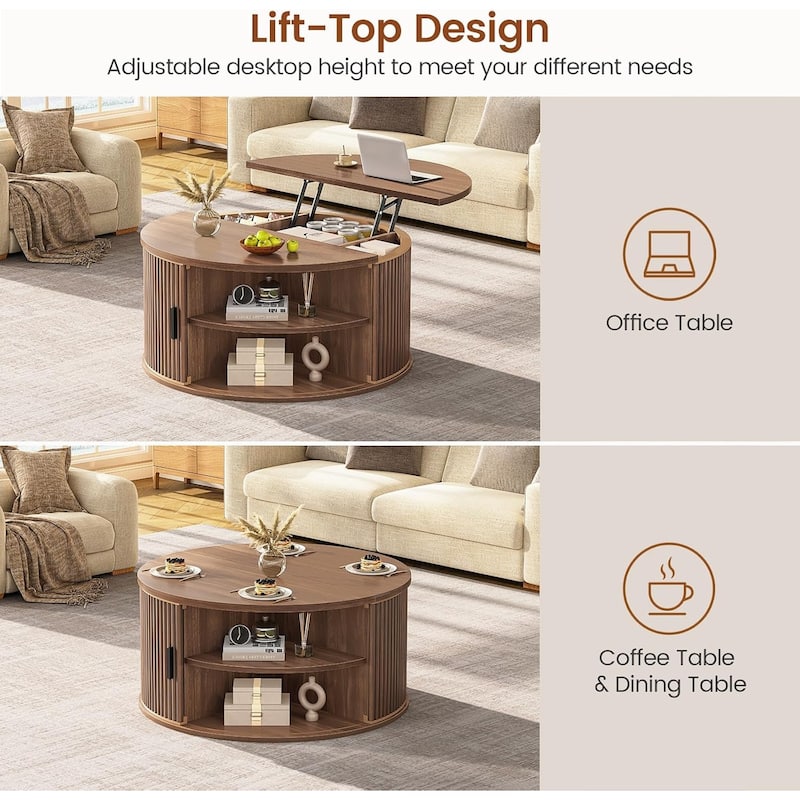 Round Lift Top Coffee Table 180 Grad Curved Sliding Door Living Room