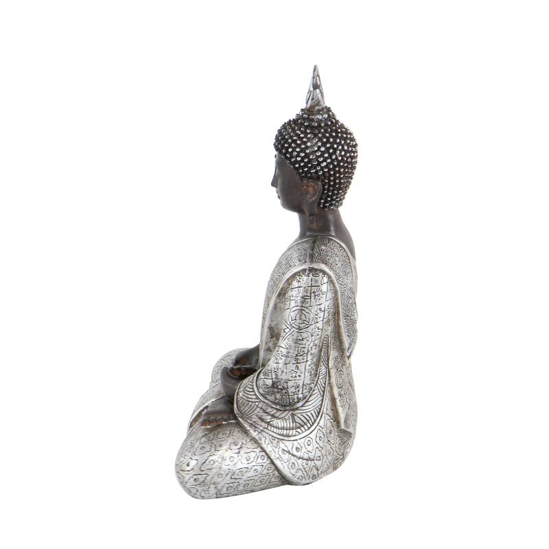 Silver Polystone Meditating Buddha Decorative Sculpture with Engraved Carvings and Relief Detailing