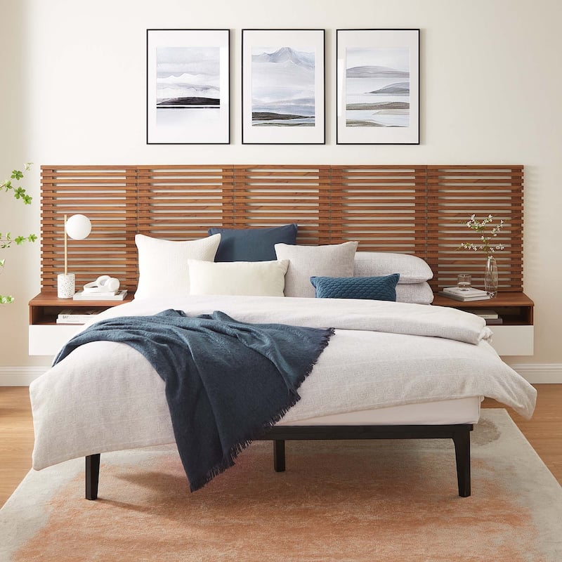 Render Wall Mount Queen Headboard and Modern Nightstands - Walnut - 2 Piece