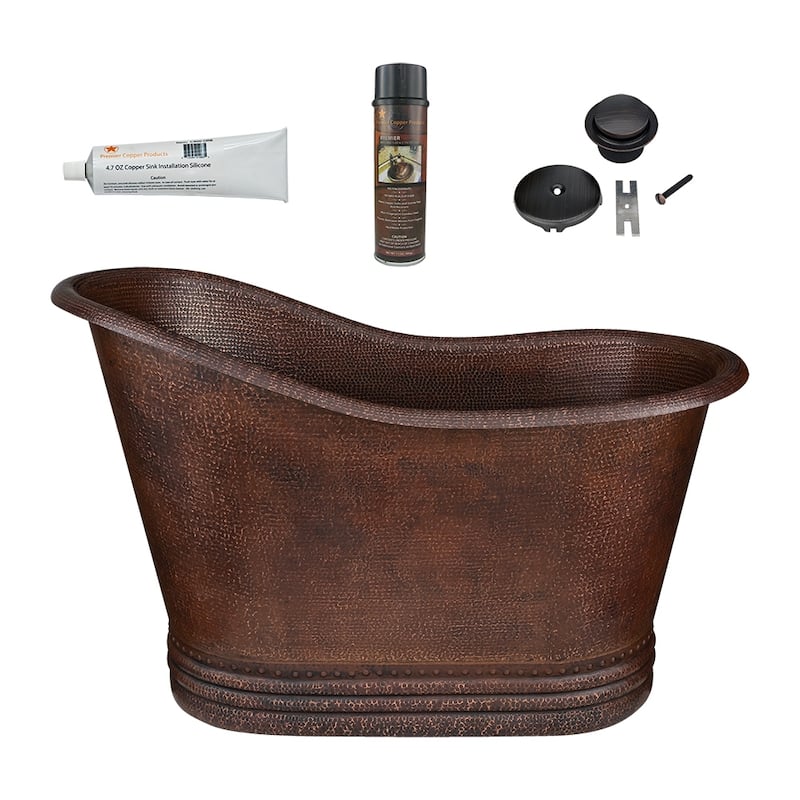 52" Small Hammered Copper Single Slipper Bathtub and Drain Package