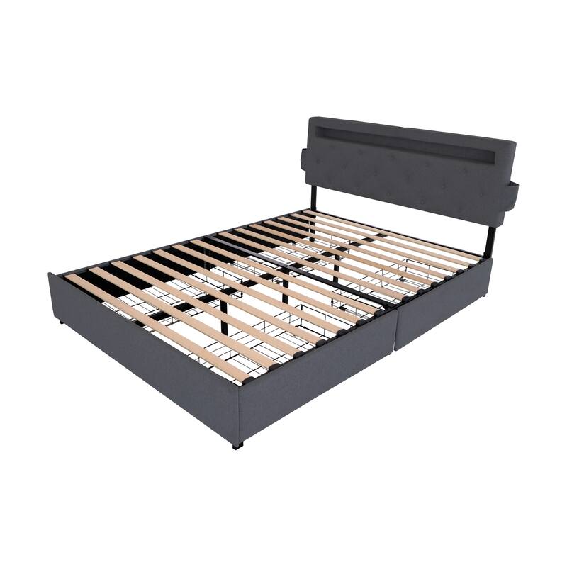 Queen Bed Frame with USB Charging Station & LED Lights, Queen Bed Frame with Headboard & 4 Storage Drawers, D