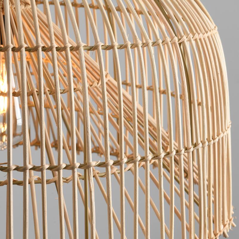 1-Light Boho Brown Rattan Hand-Woven Cloche Hanging Basket Pendant Light - 19.6" W x 62.9" H