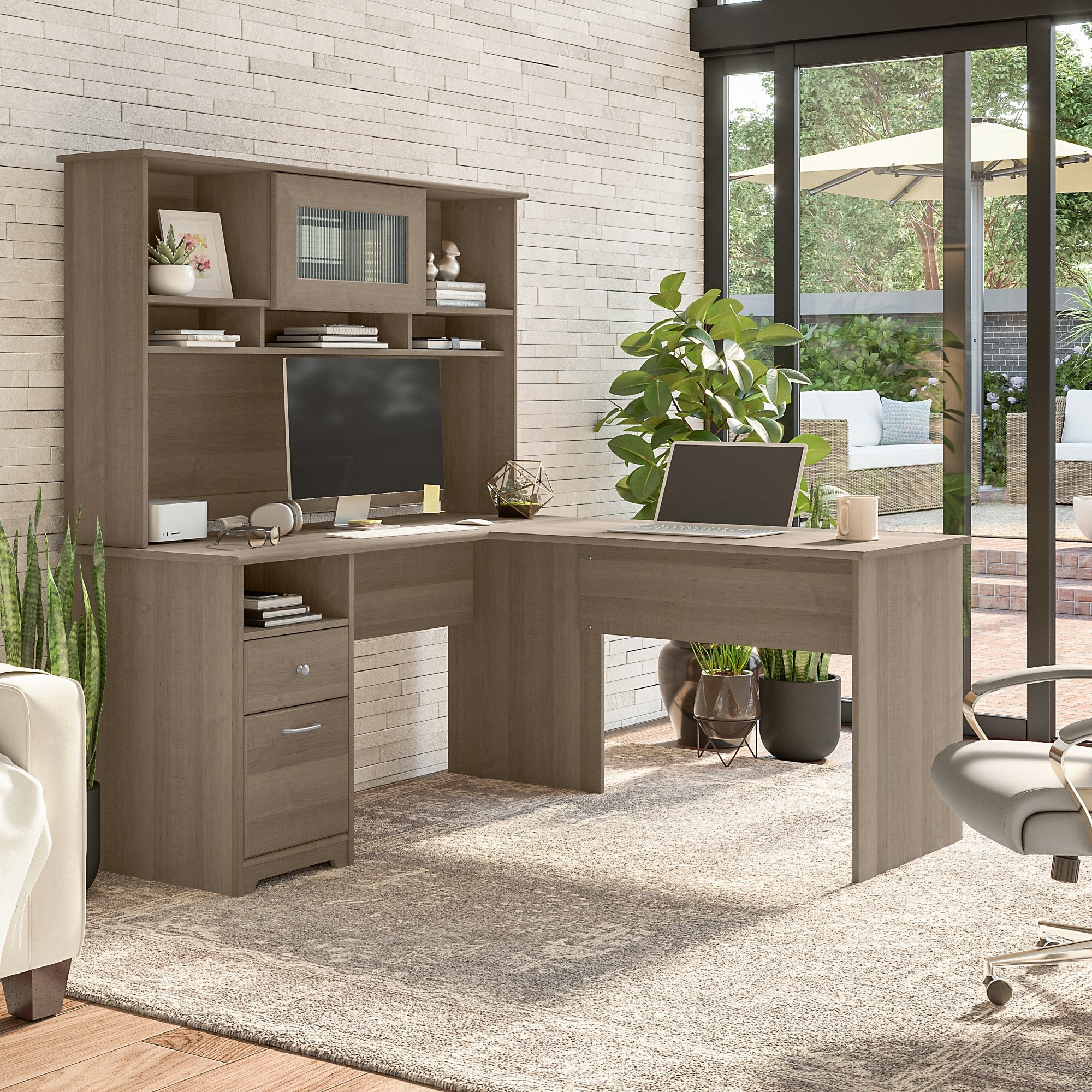 Cabot 60W L Shaped Computer Desk with Hutch by Bush Furniture On