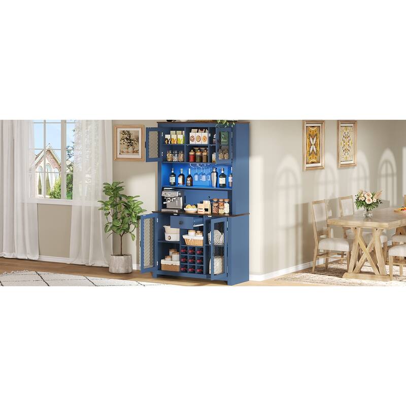 Kitchen Pantry Cabinet with LED Light, Built-in Power & USB Outlets, Kitchen Hutch Cabinet with Doors, Wine Rack & Shelves