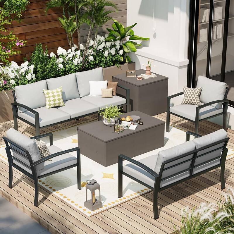 AECOJOY Metal Patio Furniture Set 7 Pieces Modern Outdoor Conversation Set - 7 Pieces with Storage Box - Light Grey