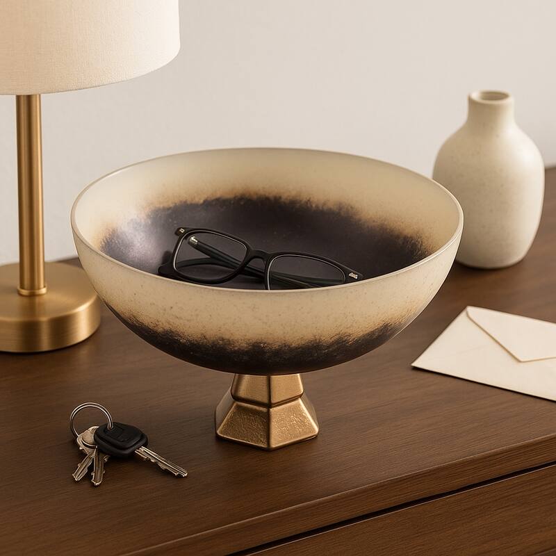 Modern Decorative Round Metal Bowl with Stand - 11", Ivory & Blue - 11.0"