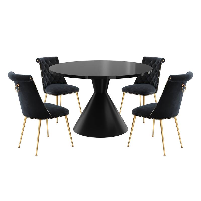 48" Light Luxury Black High Gloss Large Countertop Dining Table with Velvet Dining Chair Set