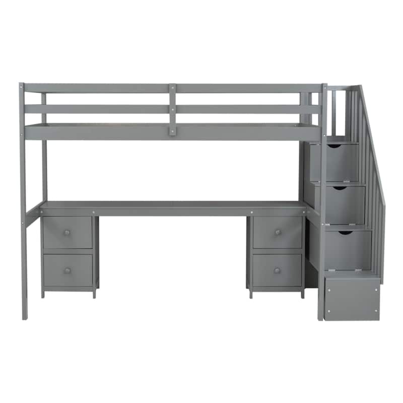Gray Twin Size Solid Wood Loft Bed with Built-in Desk and Storage Drawers