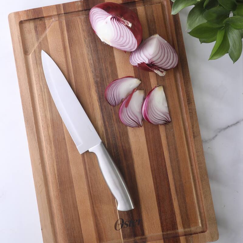 Oster Baldwyn 5-Piece Stainless Steel Knife Block Set with Wood Magnetic Stand - Countertop Display & Knive-Safe Storage